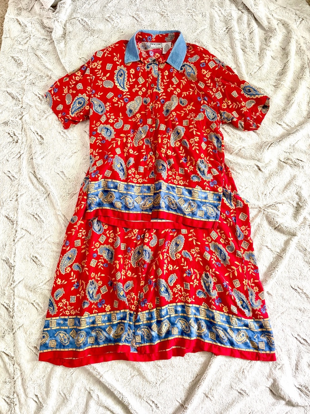 Vintage 90s Rayon Blend New Look Red Paisley Set Co-ord Blouse Skirt M